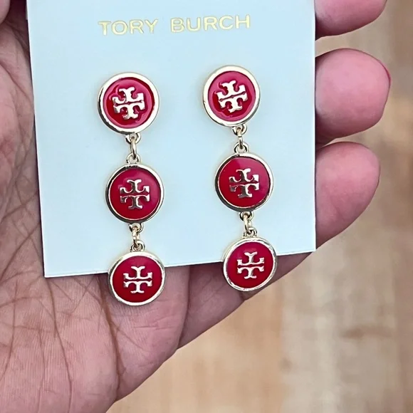 Tory Burch Gold-Tone Red Enamel Triple Drop Logo Earrings - Picture 3 of 13